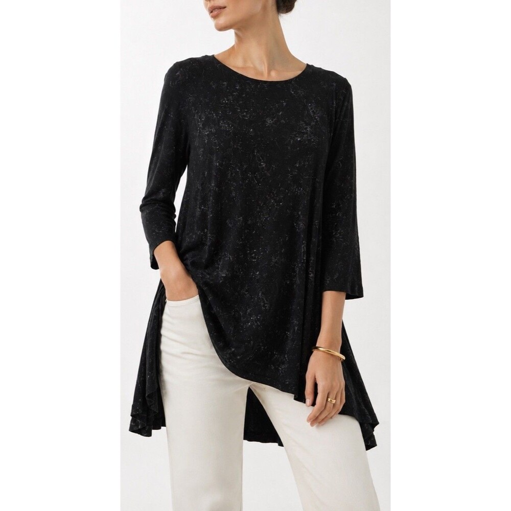 Alembika Black Tunic Top Size 5 US 14 Lagenlook 3/4 Sleeve High Low Hem Boho